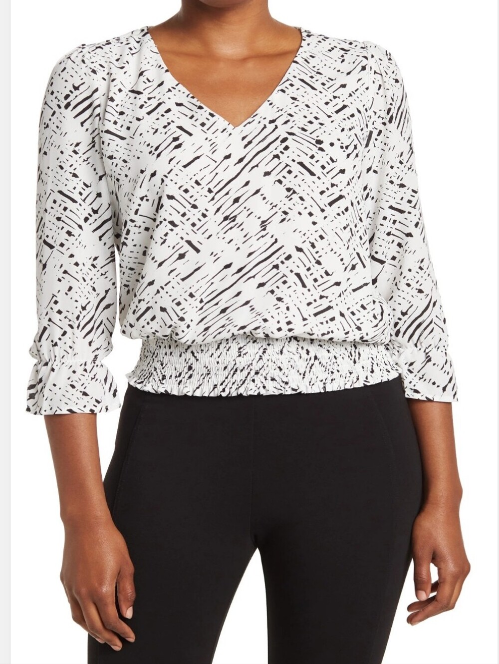 Nordstrom Philosophy Republic 3/4 Sleeve V-Neck Smocked Hem Blouse- Size: L- NWT